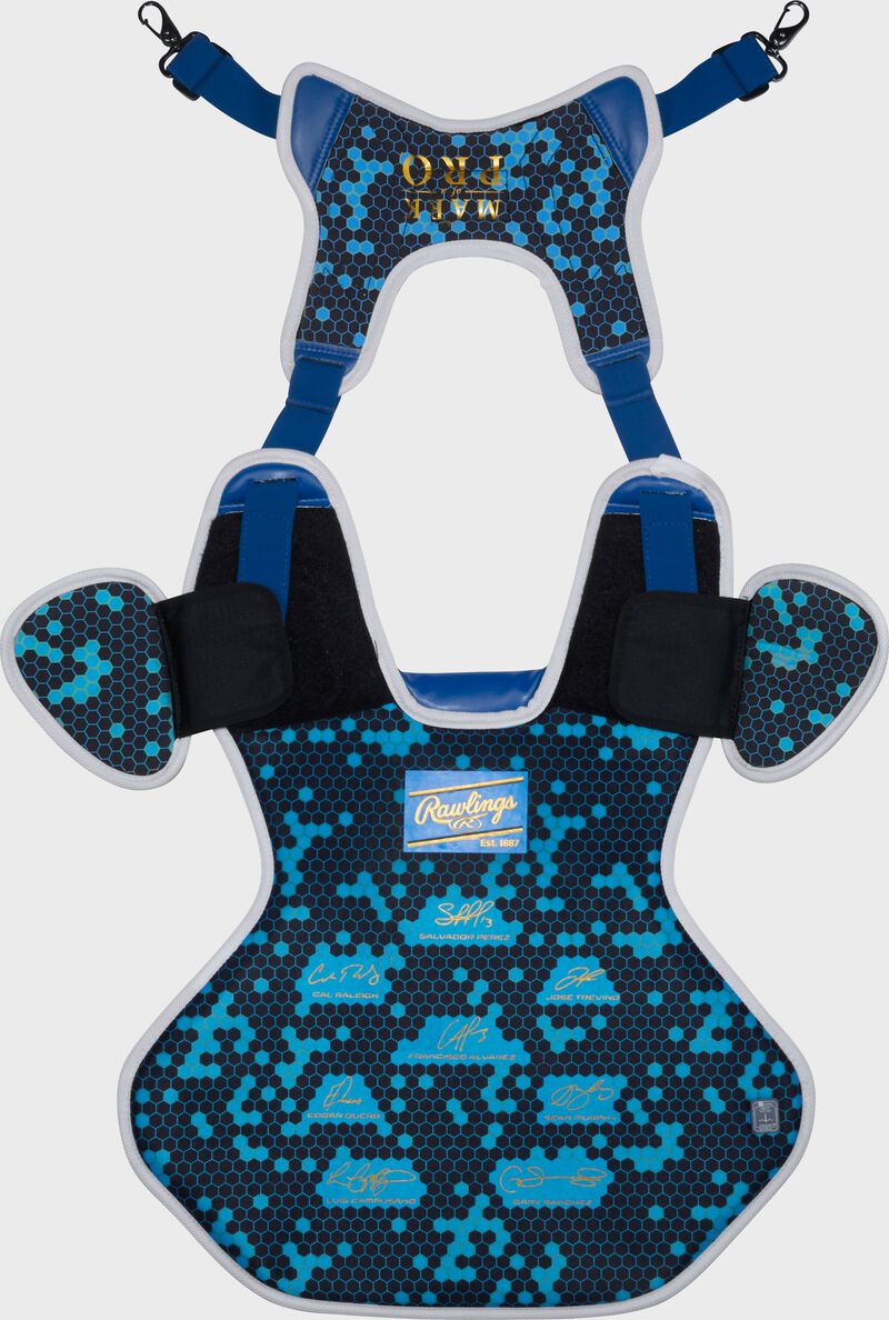 Back of a royal Rawlings Mach Pro Series chest protector with the harness up loading=