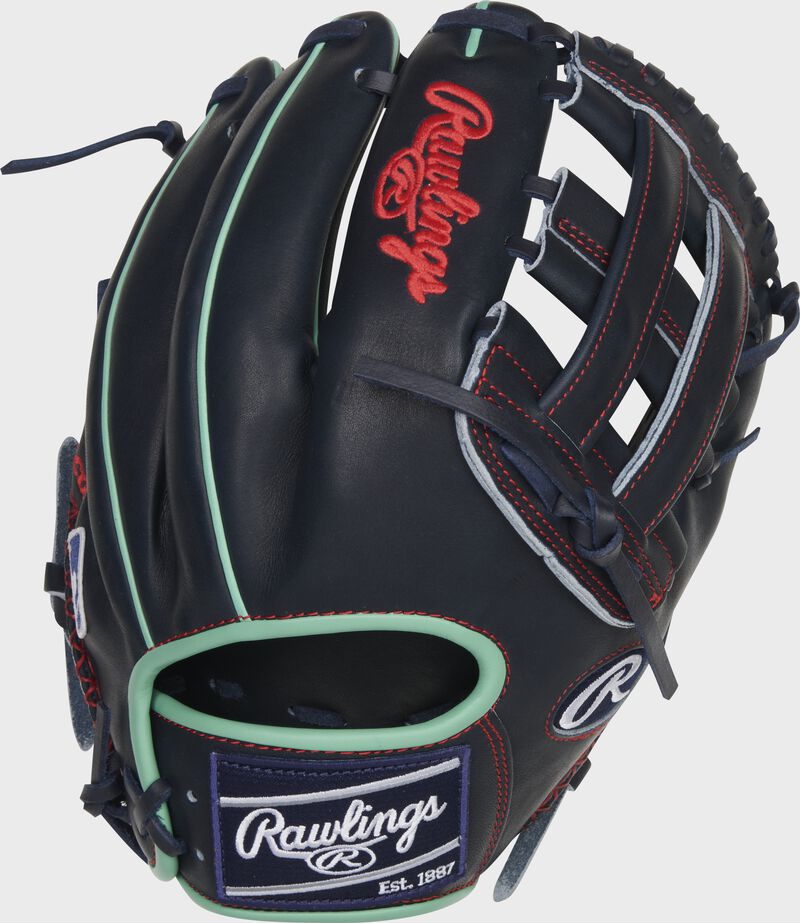 Back of a navy Heart of the Hide ColorSync 6.0 12-Inch H-web glove with a navy Rawlings patch - SKU: PRONA28NM loading=