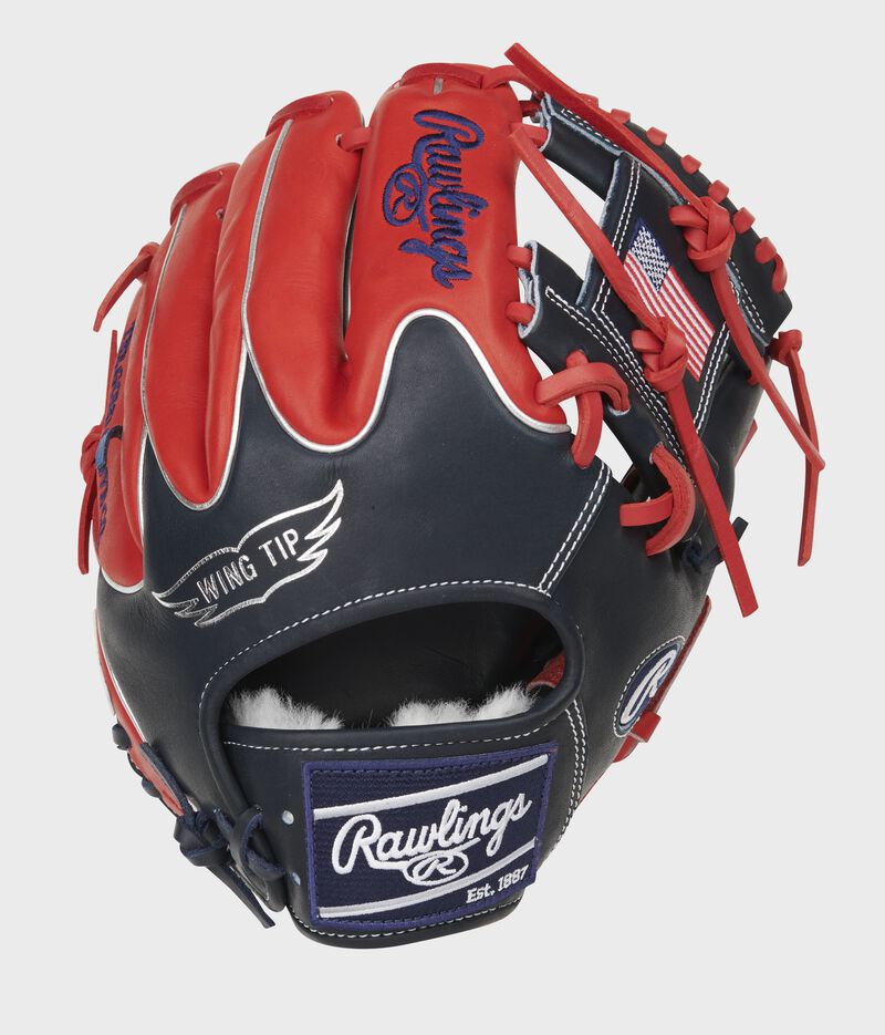 Navy Wing Tip back of a Pro Preferred I-web infield glove with scarlet finger backs and navy Rawlings patch - SKU: PROS204W-2NS