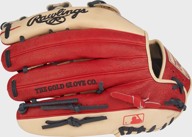 Back of a scarlet/camel Rawlings Heart of the Hide 12.75-Inch Outfield Glove with the MLB logo on the pinky