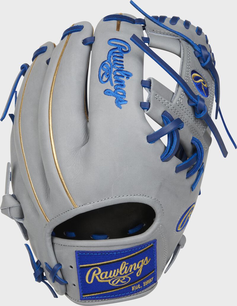 Back of a gray Heart of the Hide MLB All-Star Game I-web glove with a royal Rawlings patch - SKU: RSGPROASG2022 loading=