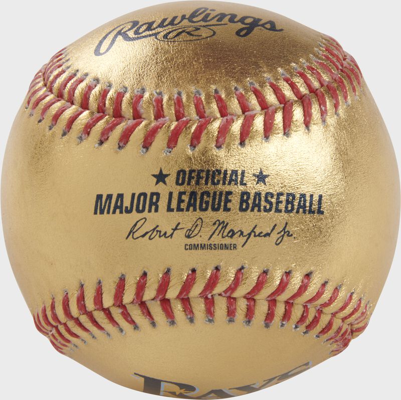 A Tampa Bay Rays Rawlings Gold MLB team baseball with the official ball MLB stamp - SKU: RSGEA-GOLDTB-R loading=
