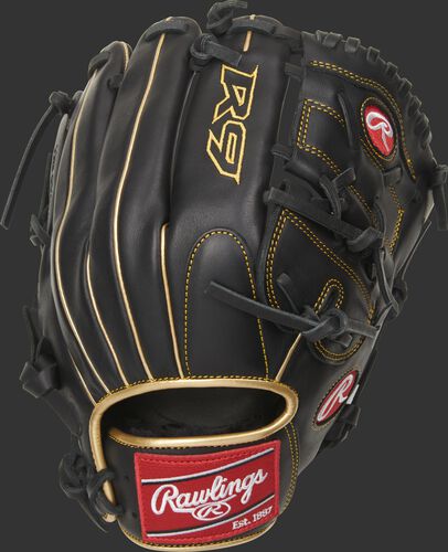 Black back of a R9 series 2-pieces solid web glove with a red Rawlings patch - SKU: R9206-9BG