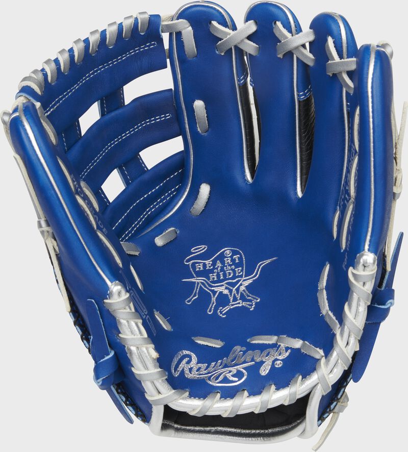 Royal palm of a Rawlings HOH R2G infield glove with silver palm stamp and platinum laces - SKU: PROR205-6RC
