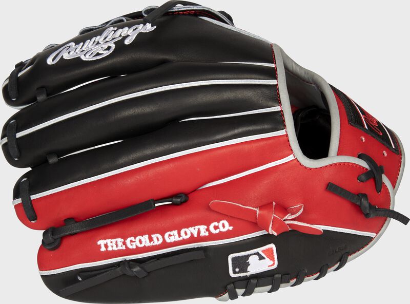 Black/scarlet back of a Cincinnati Reds Heart of the Hide infield glove with the MLB logo on the pinky - SKU: RSGPRONP4-6CIN