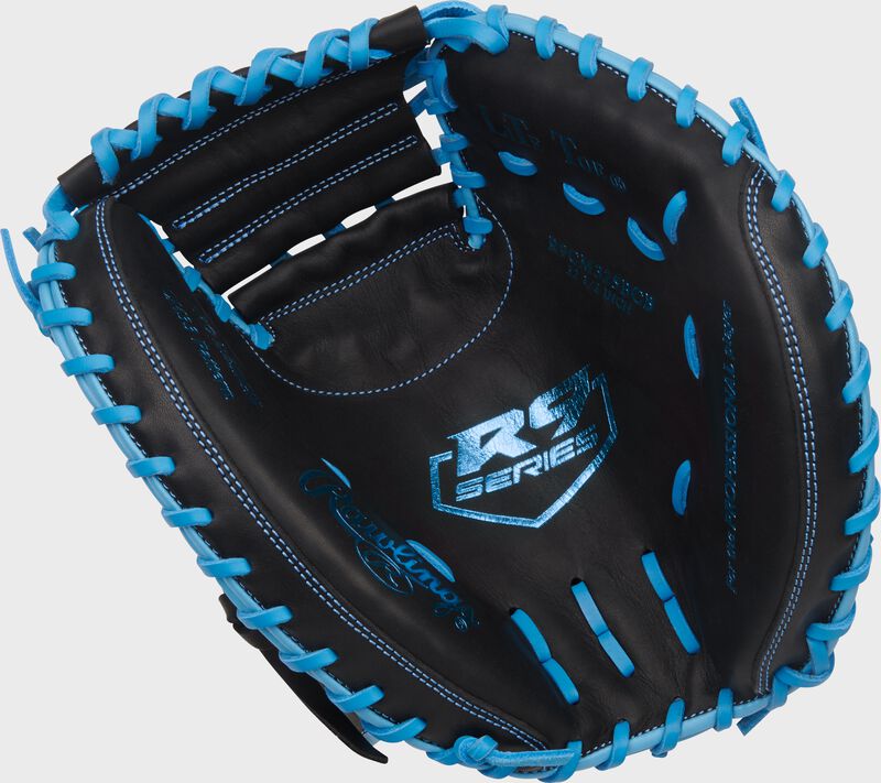 Black palm of a R9 Series 32.5-Inch Catcher's Mitt with Columbia blue stamping and laces