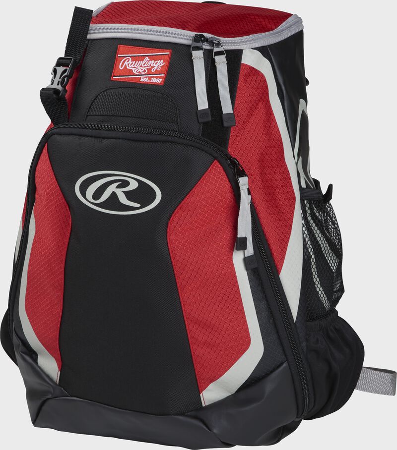Left side of a black/scarlet R500 Players team backpack with white trim