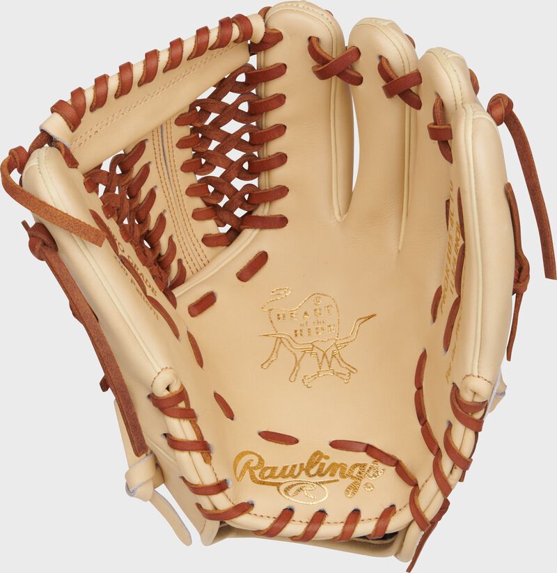 Camel palm of a Rawlings Heart of the Hide baseball glove with tan laces 