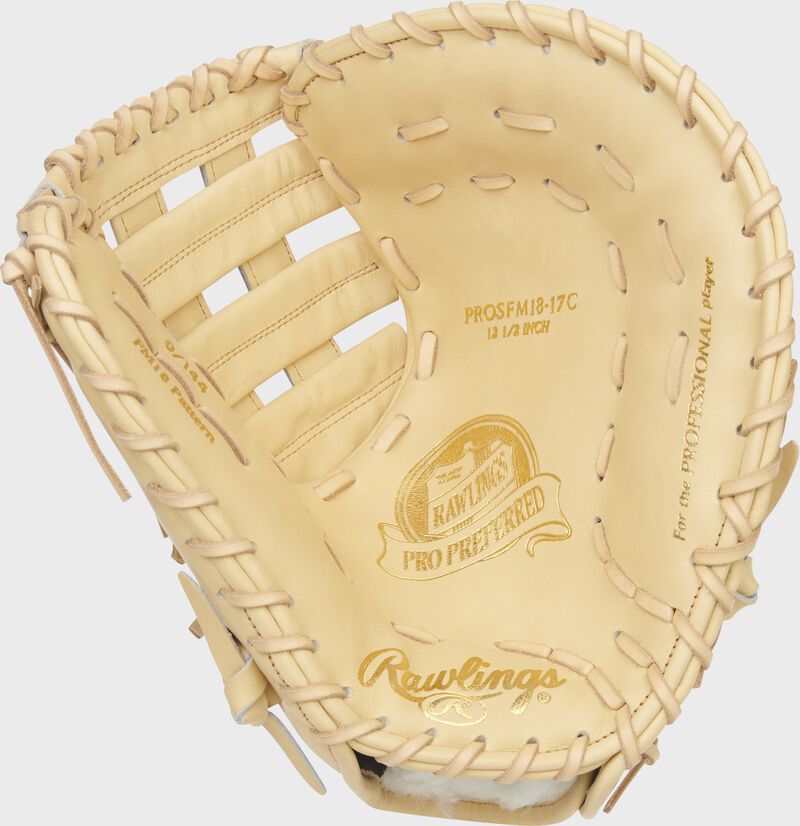 Camel palm of a Rawlings Evan White Pro Preferred 1st base mitt with camel laces - SKU: PROSFM18-17C