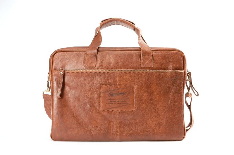 Back of a tan rugged briefcase with a side zip compartment and leather Rawlings logo in the middle - SKU: V609-202 loading=