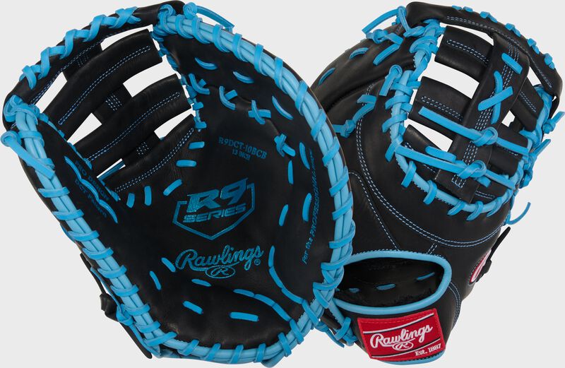 Two images showing the palm & back of a black R9 Series 13-Inch 1st Base Mitt loading=