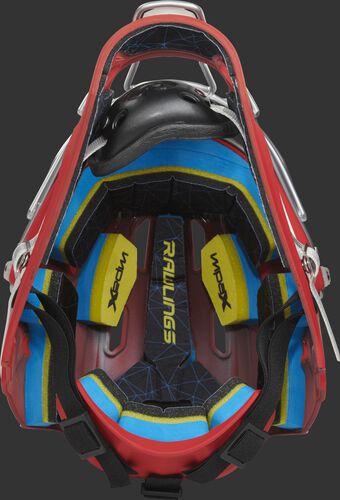 Inside IMPAX foam padding of a scarlet CHMCHS Rawlings catcher's helmet