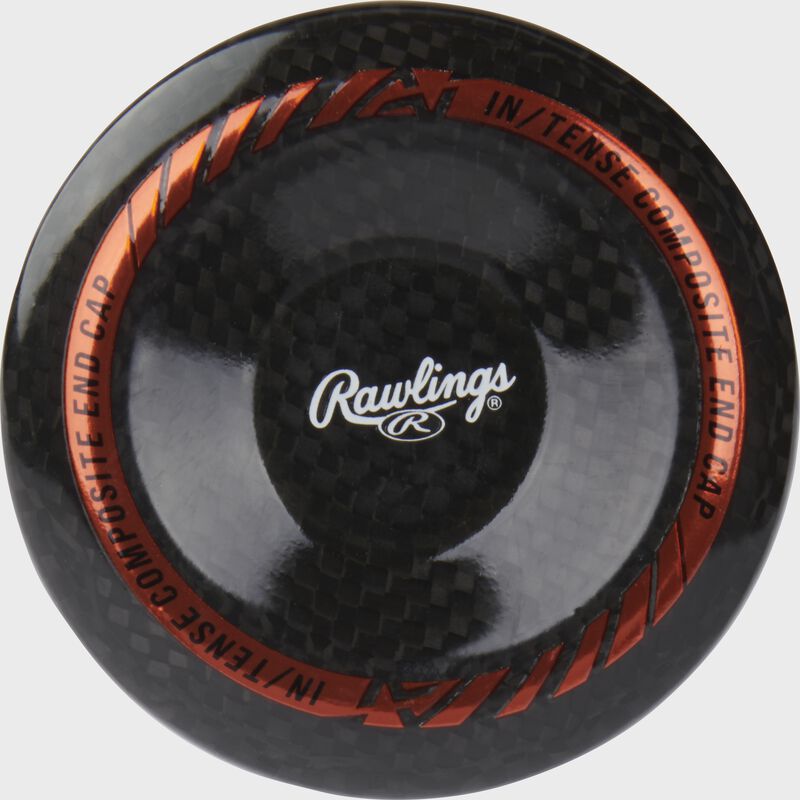 A black carbon fiber end cap of a Mach AI USSSA bat with a white Rawlings logo in the middle - SKU: RUT4MC
