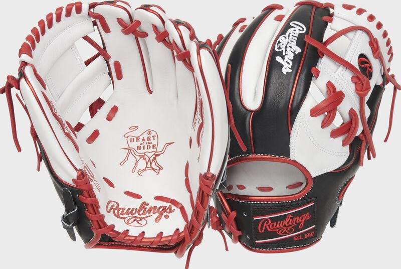 2 views showing the back & palm of a black/white/scarlet exclusive Heart of the Hide R2G 11.5" infield glove - SKU: RSGRPROR934-2WB