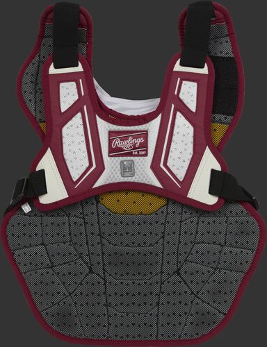 Back harness of a cardinal/white CPV2N adult Velo 2.0 chest protector with Dynamic Fit System 2.0