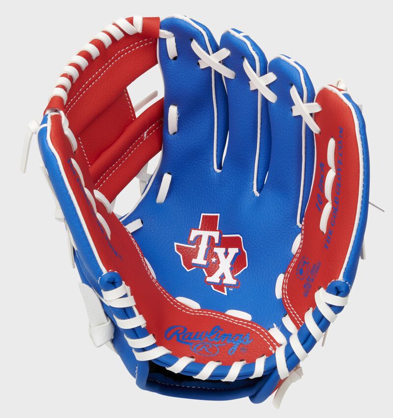 A blue/red Rawlings Texas Rangers youth glove with a Rangers logo stamped in the palm - SKU: 22000022111