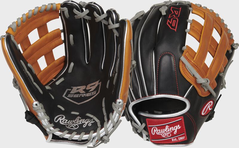 Front & back of a Rawlings R9 ContoUR 12" baseball glove - SKU: R9120U-6BT loading=