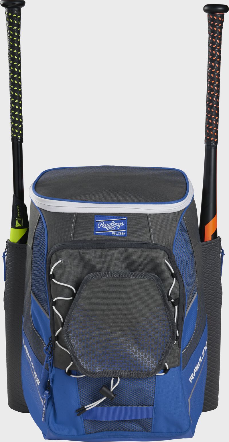 Front of a royal Rawlings Impulse bag with a royal Rawlings patch and two bats in the sides - SKU: IMPLSE-R