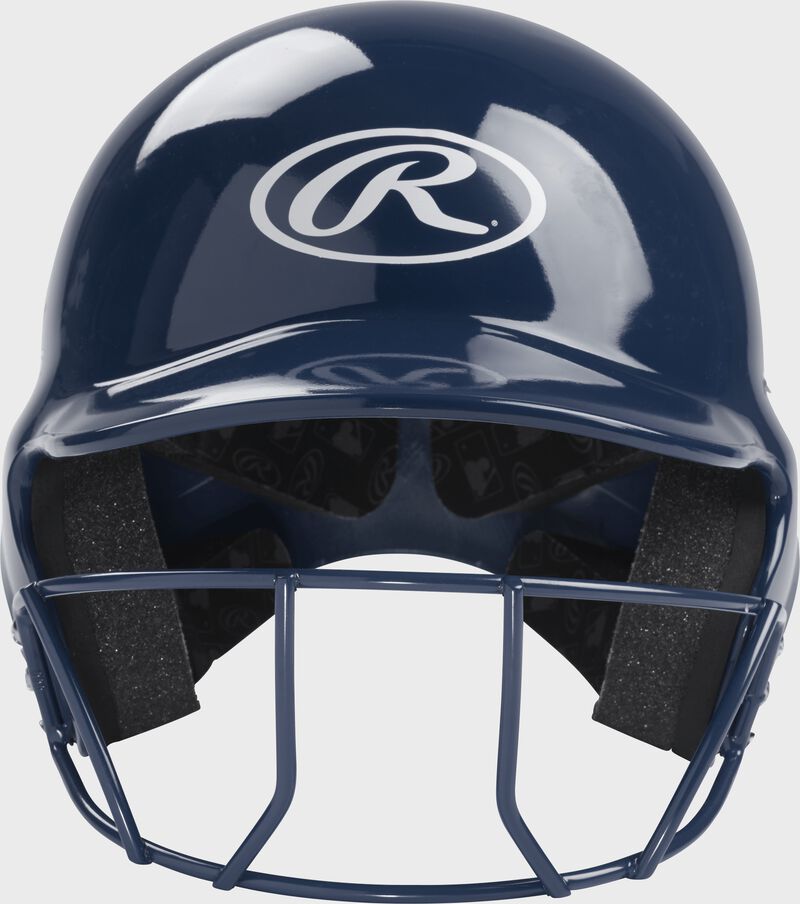Front of a navy Rawlings T-ball helmet with a navy face mask and white Oval-R logo - SKU: MODMLTBFG-N