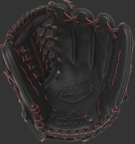 R9YPT4-4B 11.5-inch Rawlings R9 youth baseball glove with a black palm and black/scarlet laces
