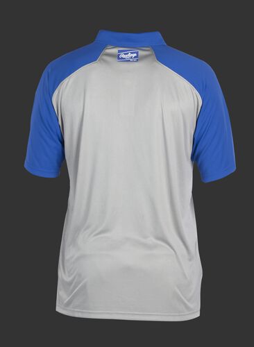 Back of a gray ColorSync polo with royal sleeves and royal Rawlings patch on the back neckline - SKU: CSP-BG/R
