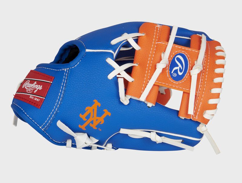 Thumb of a blue/orange New York Mets 10-Inch team logo glove with an orange I-web and "NY" logo on the thumb - SKU: 22000017111