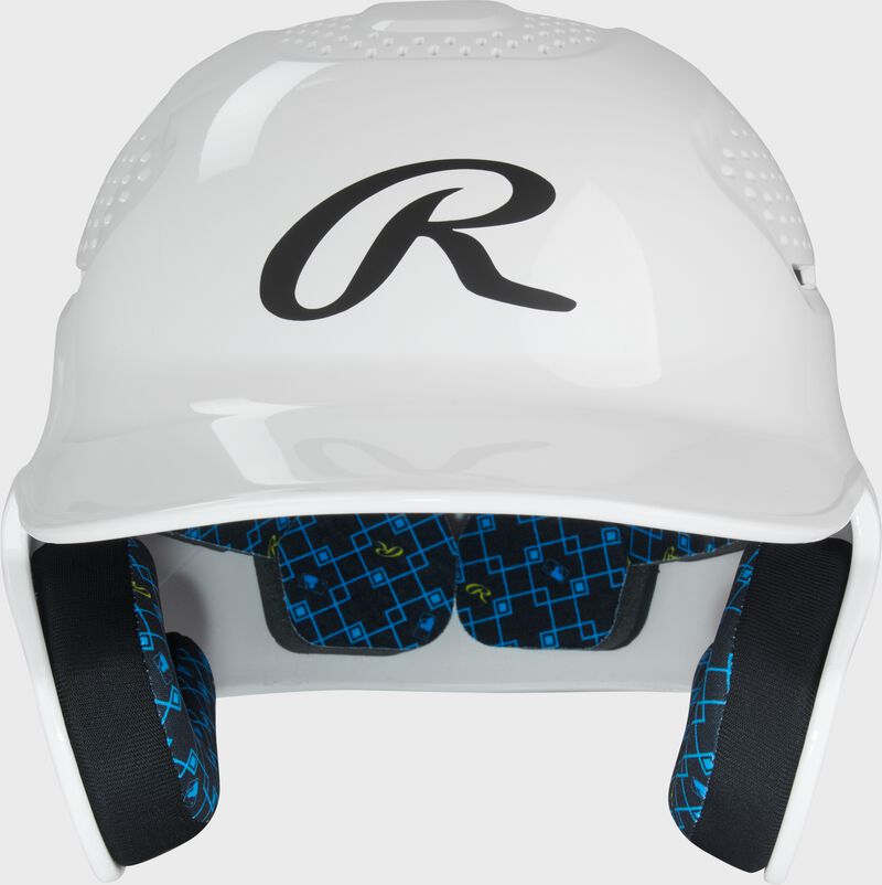 Front of a white Rawlings RX2 gloss baseball batting helmet loading=