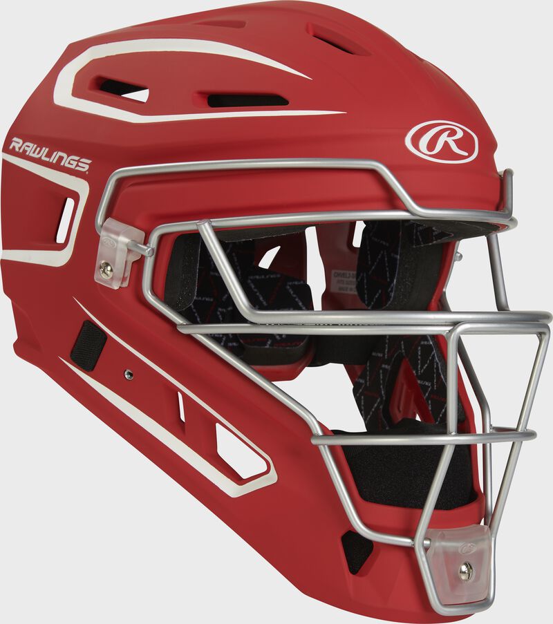 Front right of a scarlet Velo 2.0 catcher's helmet