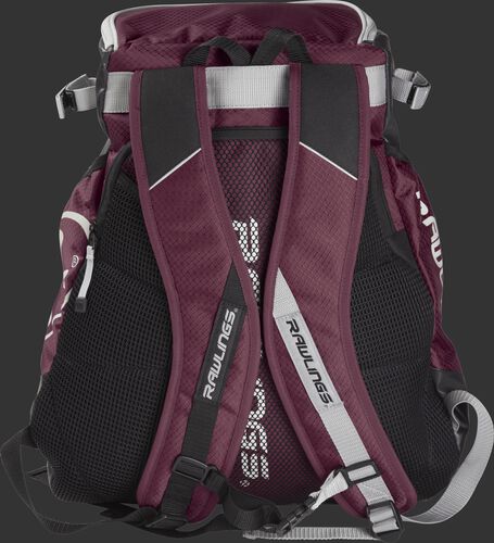 Back of a maroon VELOBK Rawlings Velo backpack with maroon shoulder straps