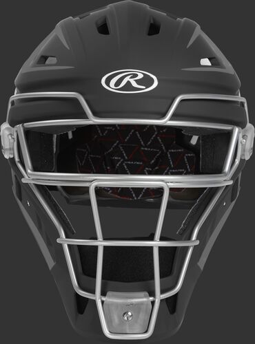 Front of a black CHV27J Velo 2.0 hockey-style catcher's helmet