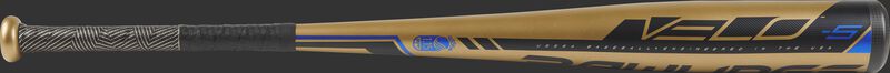 Barrel view of a UT9V5 USSSA Velo baseball bat with a gold barrel and gold/black grip