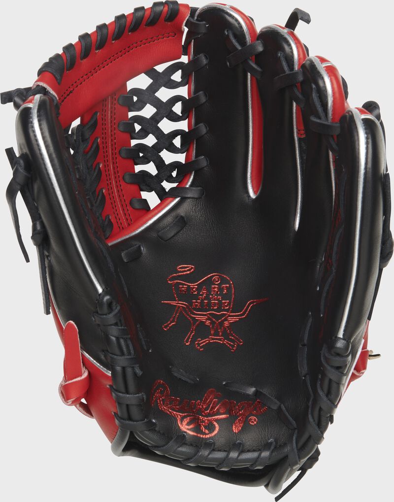 Black palm of a Rawlings HOH R2G infield/pitcher's glove with scarlet palm stamp and black laces - SKU: PROR204-4BCF