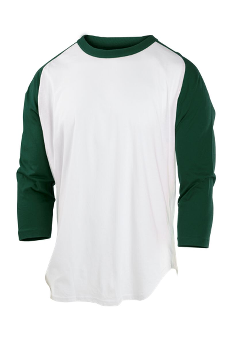 A white Rawlings youth 3/4 sleeve baseball shirt with dark green sleeves - SKU: ACABC34-DG loading=