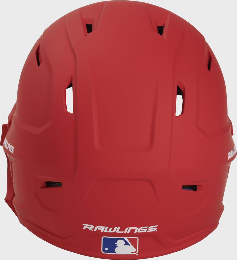 Back of a MACHEXTR high performance junior MACH helmet with a matte scarlet shell and Official Batting Helmet of MLB logo loading=