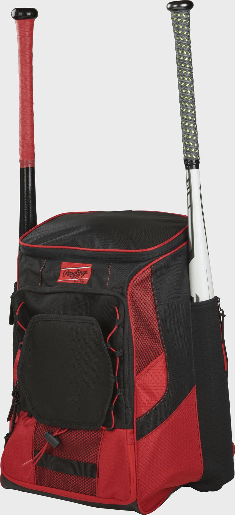 Front left of a scarlet/black R600 Rawlings players equipment backpack with two bats