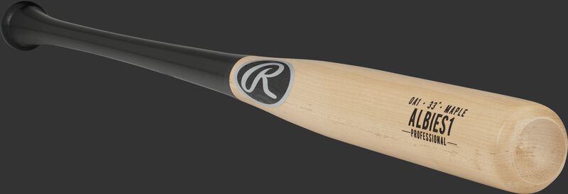 3/4 view of an OA1PL maple Ozzie Albies bat with a natural wood barrel