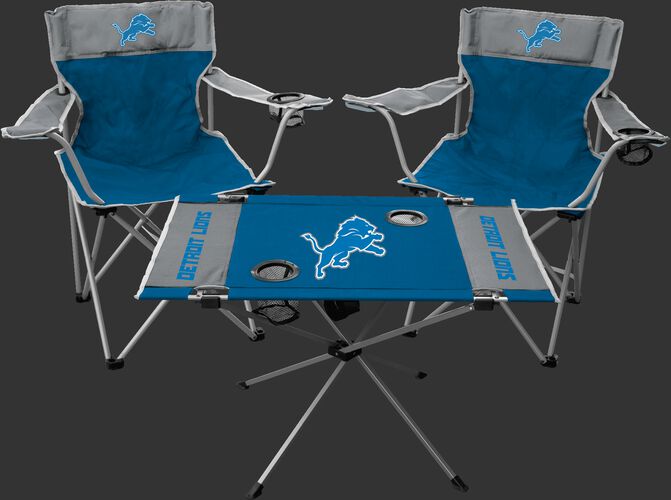 Front of Rawlings Blue and Greay NFL Detroit Lions 3-Piece Tailgate Kit With Two Kickoff Chairs, An Endzone Table, And A Transport Bag With Team Logo SKU #01041067511