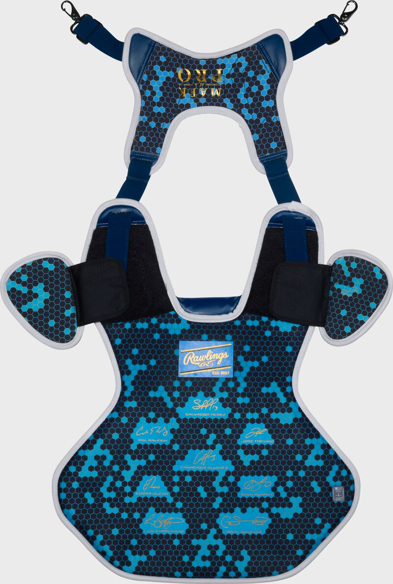 Back of a navy Rawlings Mach Pro Series chest protector with the harness up loading=
