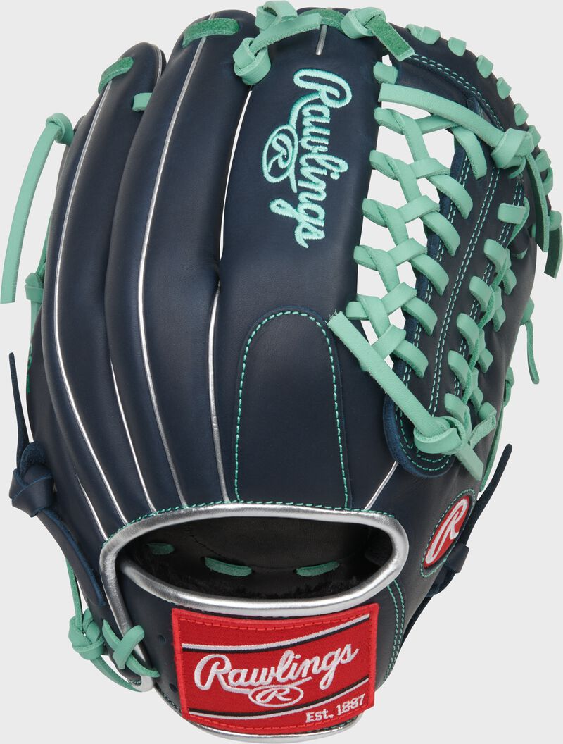 Back of a navy R9 Series 11.75-Inch Baseball Glove with a red Rawlings patch