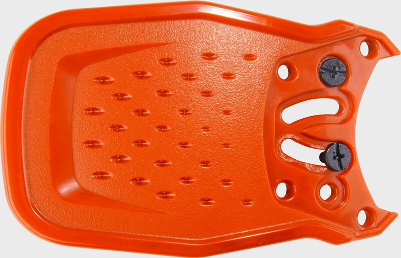 An athletic orange Rawlings RX2 Reverse adjustable batting helmet extension with the mounting holes