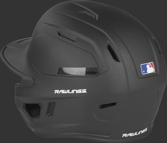 Back angle view of a CAR07A Rawlings adult high performance baseball helmet with a matte black shell