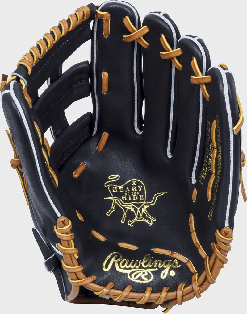 Black palm of a Rawlings Heart of the Hide outfield glove with a black web, tan laces and gold stamping - SKU: PRO3036JBTPRO