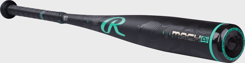 Angled view of a black Mach AI -10 USSSA baseball bat with the "R" logo above the handle