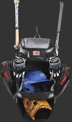 A black/gray R1000 Rawlings Gold Glove bag with the main compartments open and filled with a helmet, glove, bats and cleats