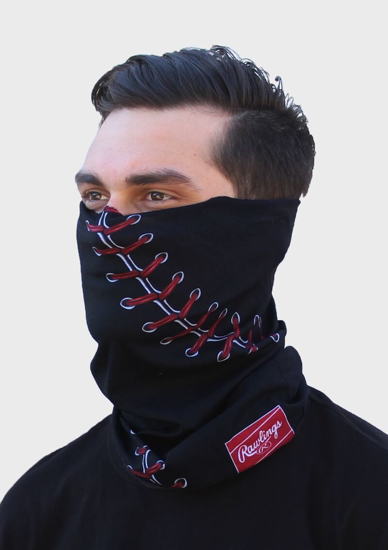 A guy wearing a black baseball stitch Rawlings multi-functional head and face cover over his mouth and nose - SKU: RC40001-001
