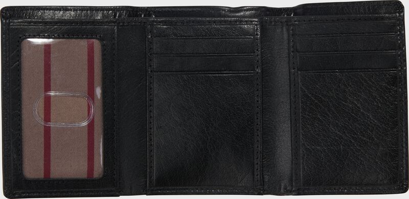 A black Rawlings Home Run Tri-Fold wallet opened up