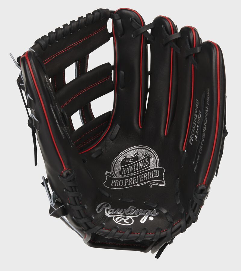 Black palm of a Pro Preferred 12.75-Inch outfield glove with silver stamping and black laces - SKU: PROS3029-6B