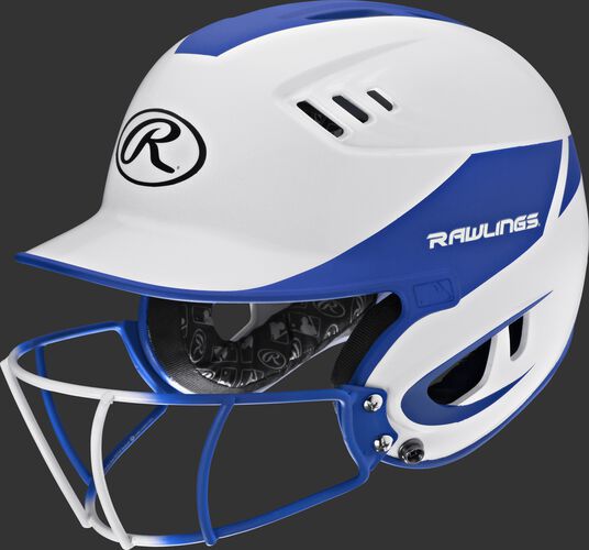 A white/royal R16H2FGS Velo junior batting helmet with a white/royal facemask