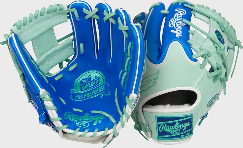 Two images showing the palm & back of a royal/mint Rawlings Pro Preferred 11.5-Inch Wing Tip Infield Glove