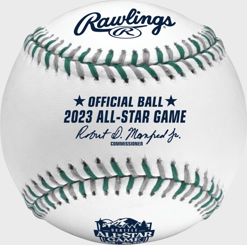 A 2023 Rawlings MLB commemorative All-Star game baseball with the 2023 ASG logo and gray/green stitching - SKU: EA-ASBB23-R loading=